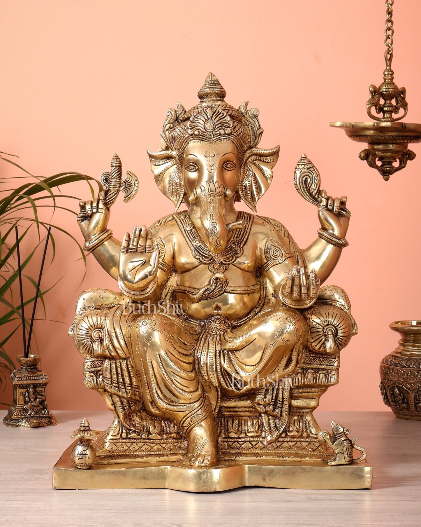 Pure Brass Lord Ganesha Seated on Throne Statue - 18" - Budhshiv.com