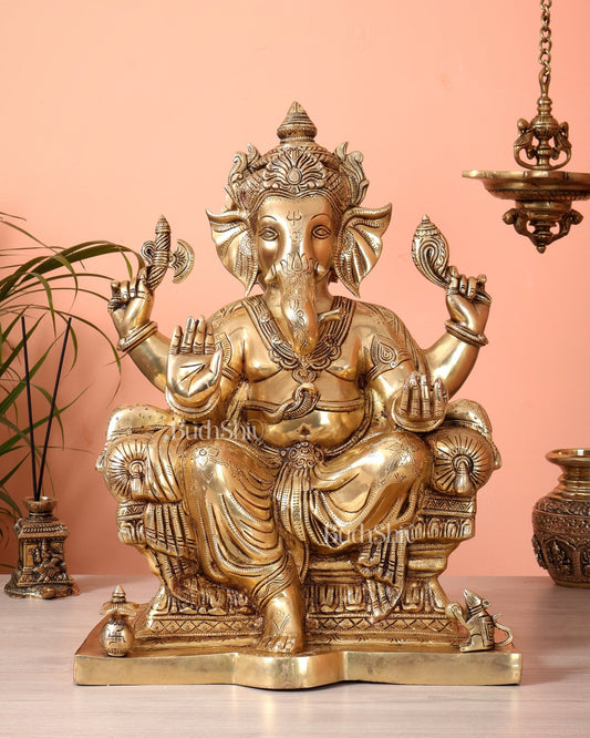 Pure Brass Lord Ganesha Seated on Throne Statue - 18" - Budhshiv.com