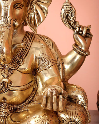 Pure Brass Lord Ganesha Seated on Throne Statue - 18" - Budhshiv.com