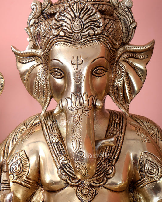 Pure Brass Lord Ganesha Seated on Throne Statue - 18" - Budhshiv.com