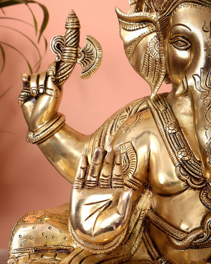 Pure Brass Lord Ganesha Seated on Throne Statue - 18" - Budhshiv.com