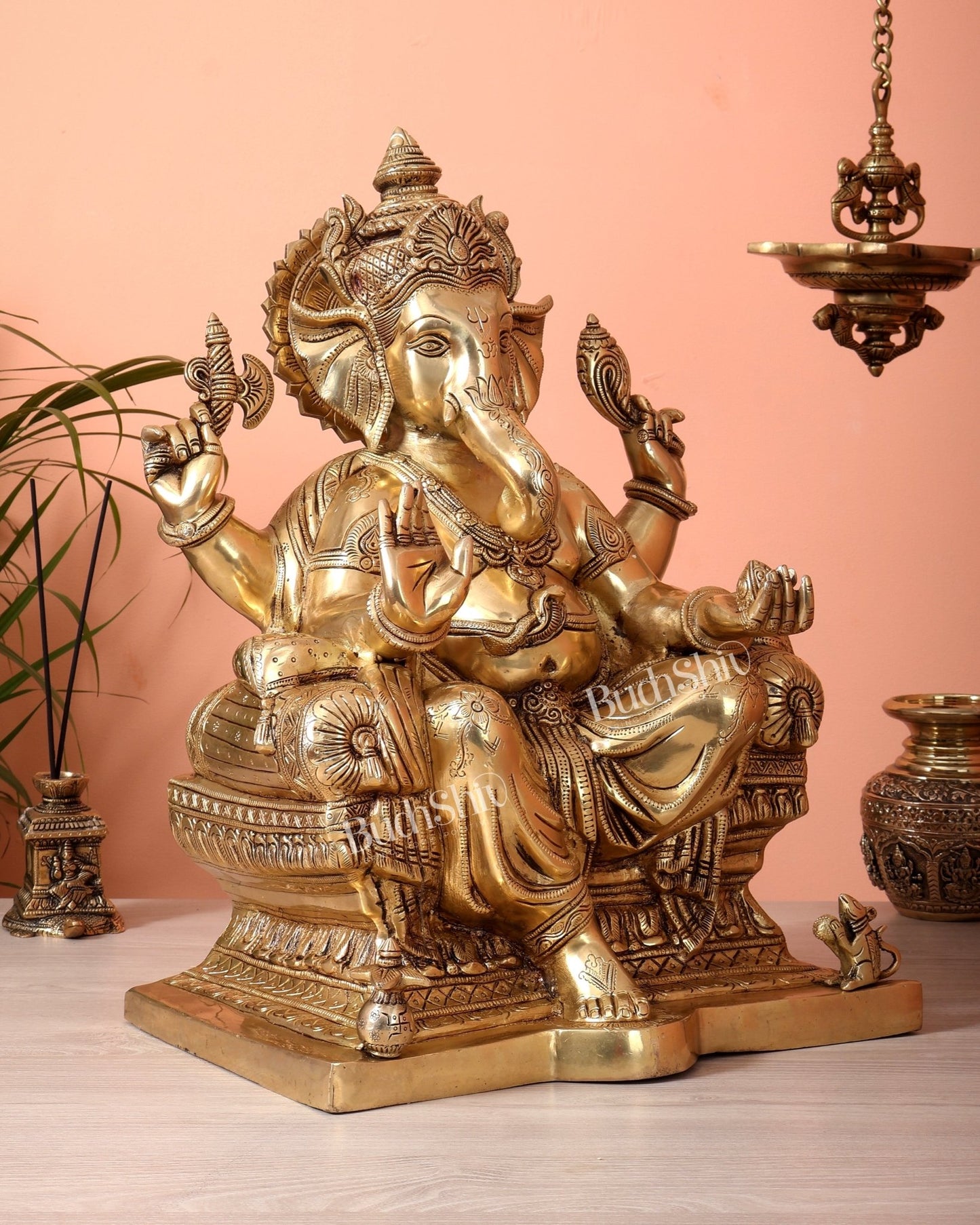 Pure Brass Lord Ganesha Seated on Throne Statue - 18" - Budhshiv.com