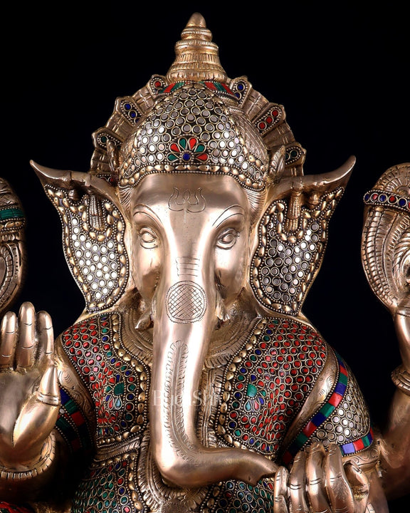Pure Brass Lord Ganesha Statue - 20 Inch with stonework - Budhshiv.com