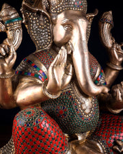 Pure Brass Lord Ganesha Statue - 20 Inch with stonework - Budhshiv.com