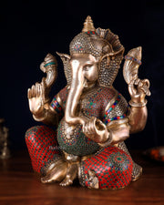 Pure Brass Lord Ganesha Statue - 20 Inch with stonework - Budhshiv.com