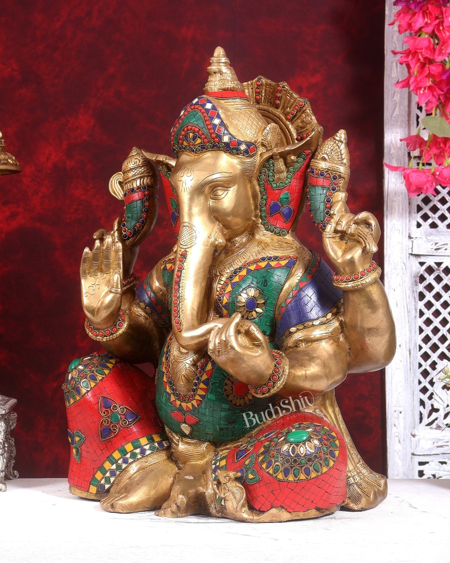 Pure Brass Lord Ganesha Statue - 20 Inch with stonework - Budhshiv.com