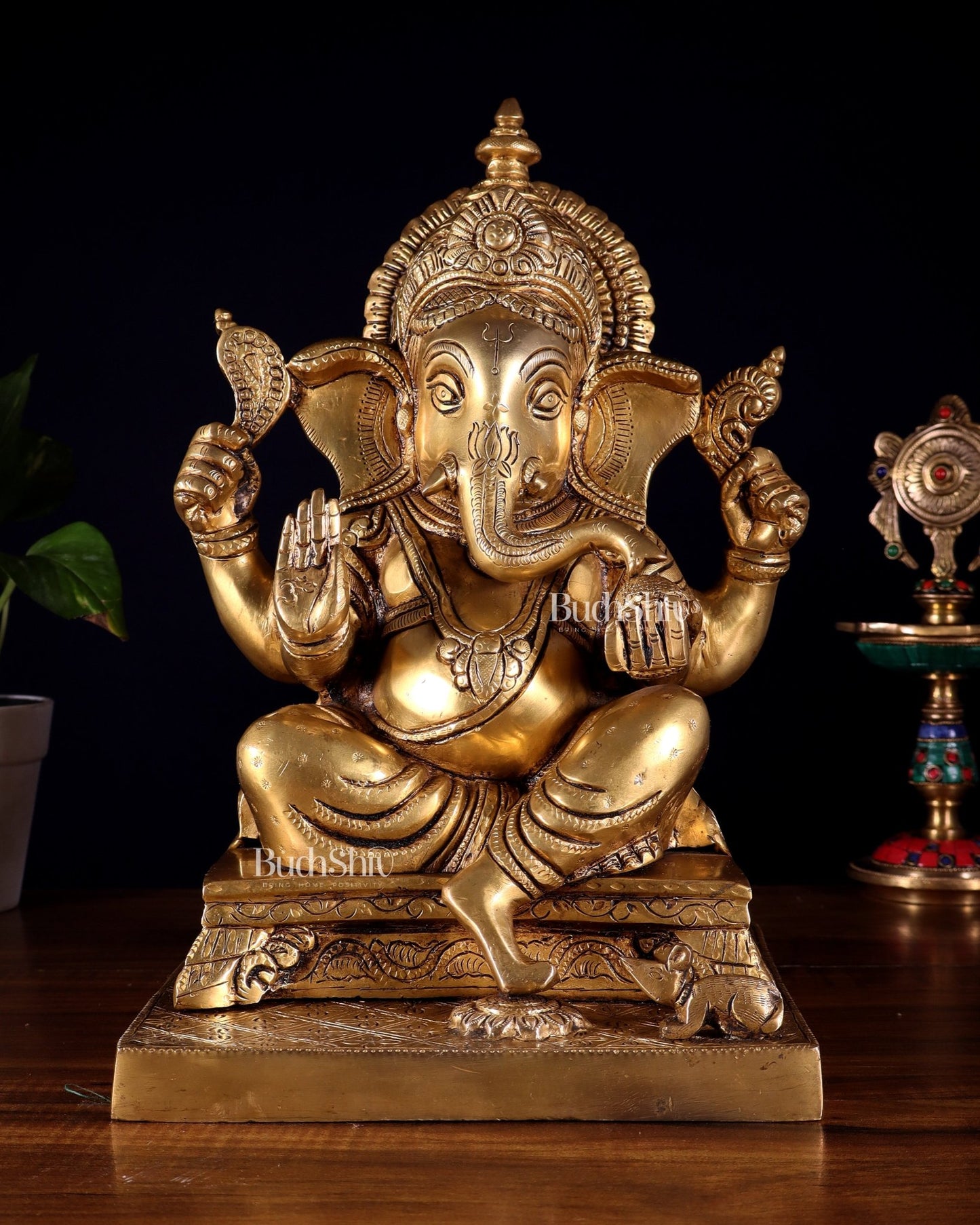 Pure Brass Lord Ganesha Statue – Enhanced Carvings (12 Inch) - Budhshiv.com