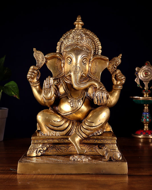 Pure Brass Lord Ganesha Statue – Enhanced Carvings (12 Inch) - Budhshiv.com