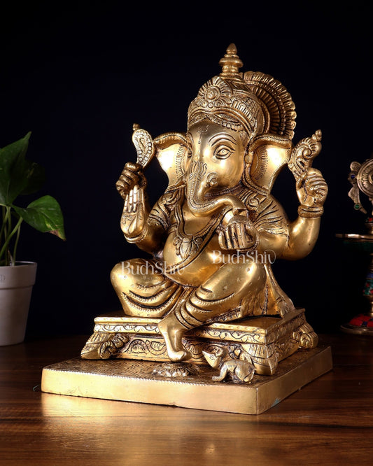 Pure Brass Lord Ganesha Statue – Enhanced Carvings (12 Inch) - Budhshiv.com
