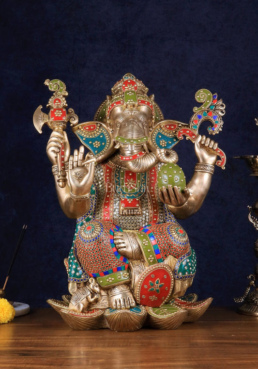 Pure Brass Lord Ganesha Statue - Kamalasana, 22" Height - Budhshiv.com