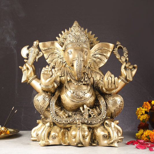 Pure Brass Lord Ganesha Statue Seated on Elephant Aasan - 18" - Budhshiv.com
