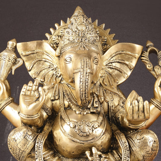 Pure Brass Lord Ganesha Statue Seated on Elephant Aasan - 18" - Budhshiv.com