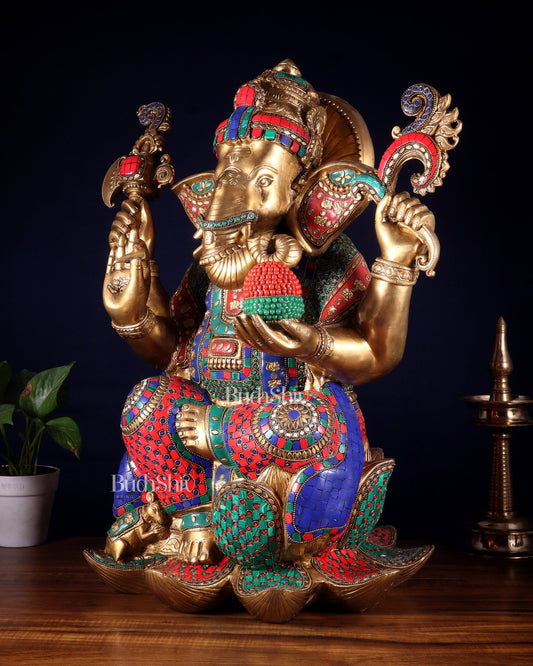 Pure Brass Lord Ganesha Statue - Seated on Lotus, 22" with stonework - Budhshiv.com