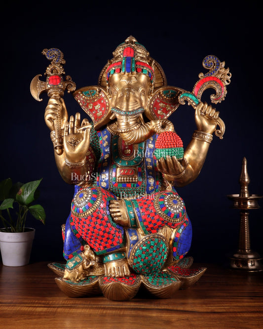 Pure Brass Lord Ganesha Statue - Seated on Lotus, 22" with stonework - Budhshiv.com