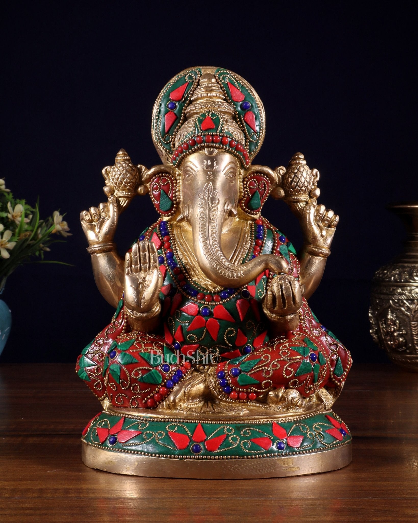 Pure Brass Lord Ganesha Statue – Unique Floral Stonework (8 Inch) - Budhshiv.com