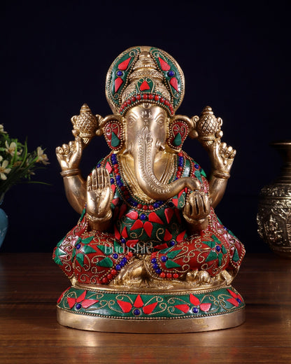 Pure Brass Lord Ganesha Statue – Unique Floral Stonework (8 Inch) - Budhshiv.com