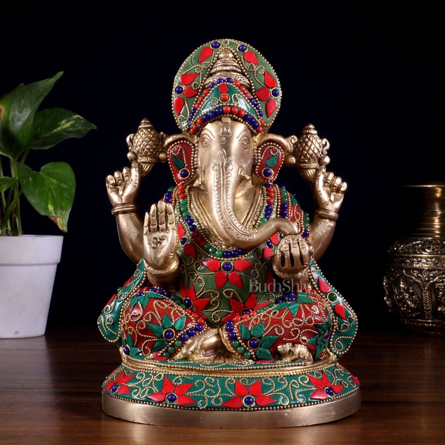 Pure Brass Lord Ganesha Statue – Unique Floral Stonework (8 Inch) - Budhshiv.com