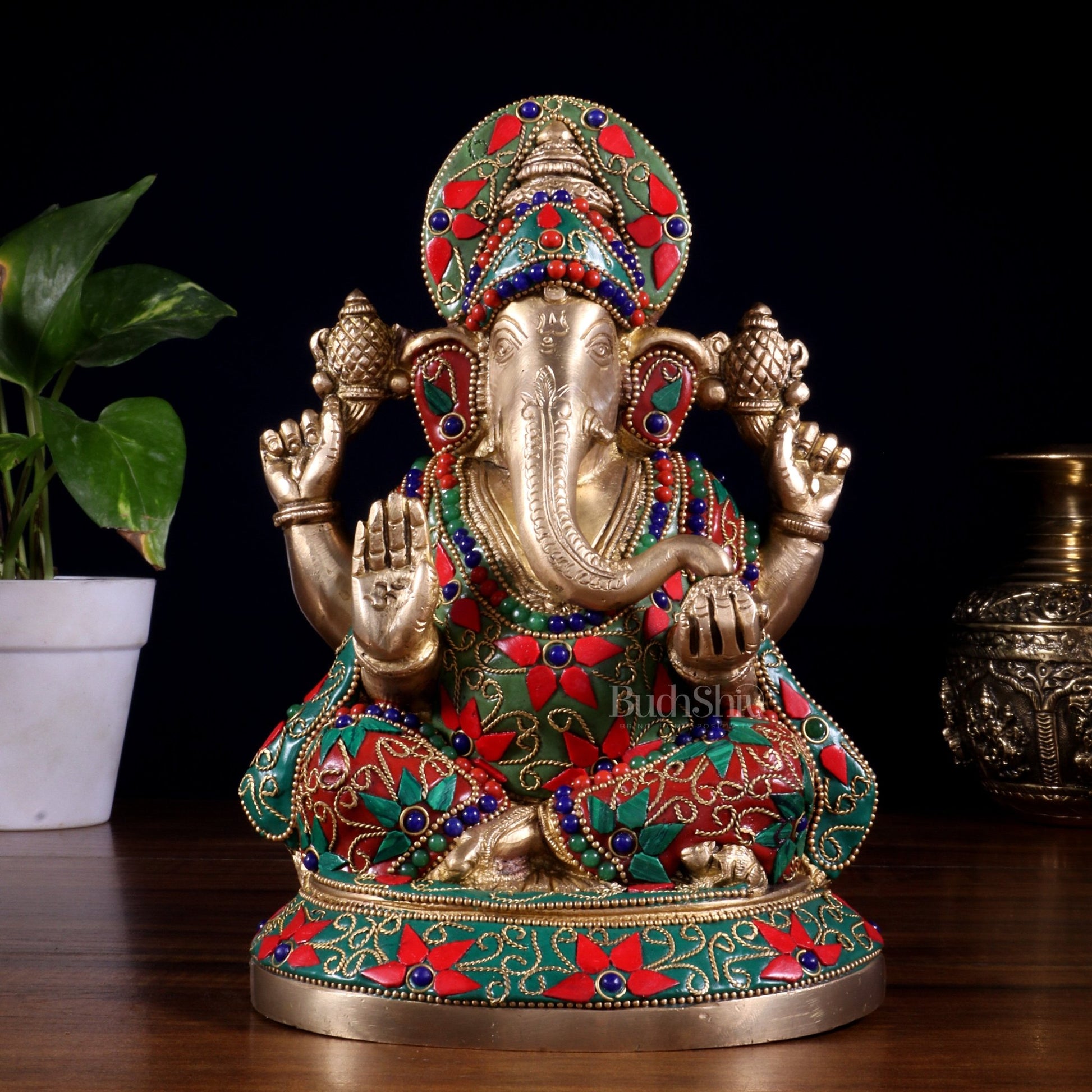 Pure Brass Lord Ganesha Statue – Unique Floral Stonework (8 Inch) - Budhshiv.com