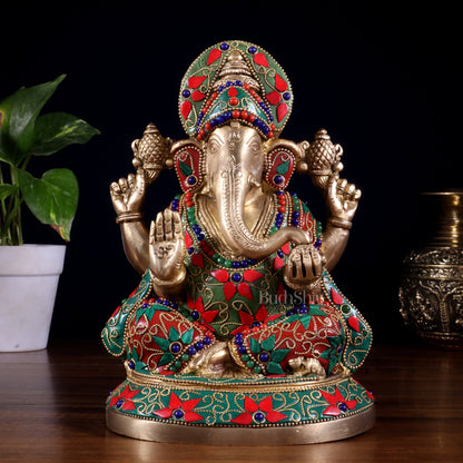 Pure Brass Lord Ganesha Statue – Unique Floral Stonework (8 Inch) - Budhshiv.com