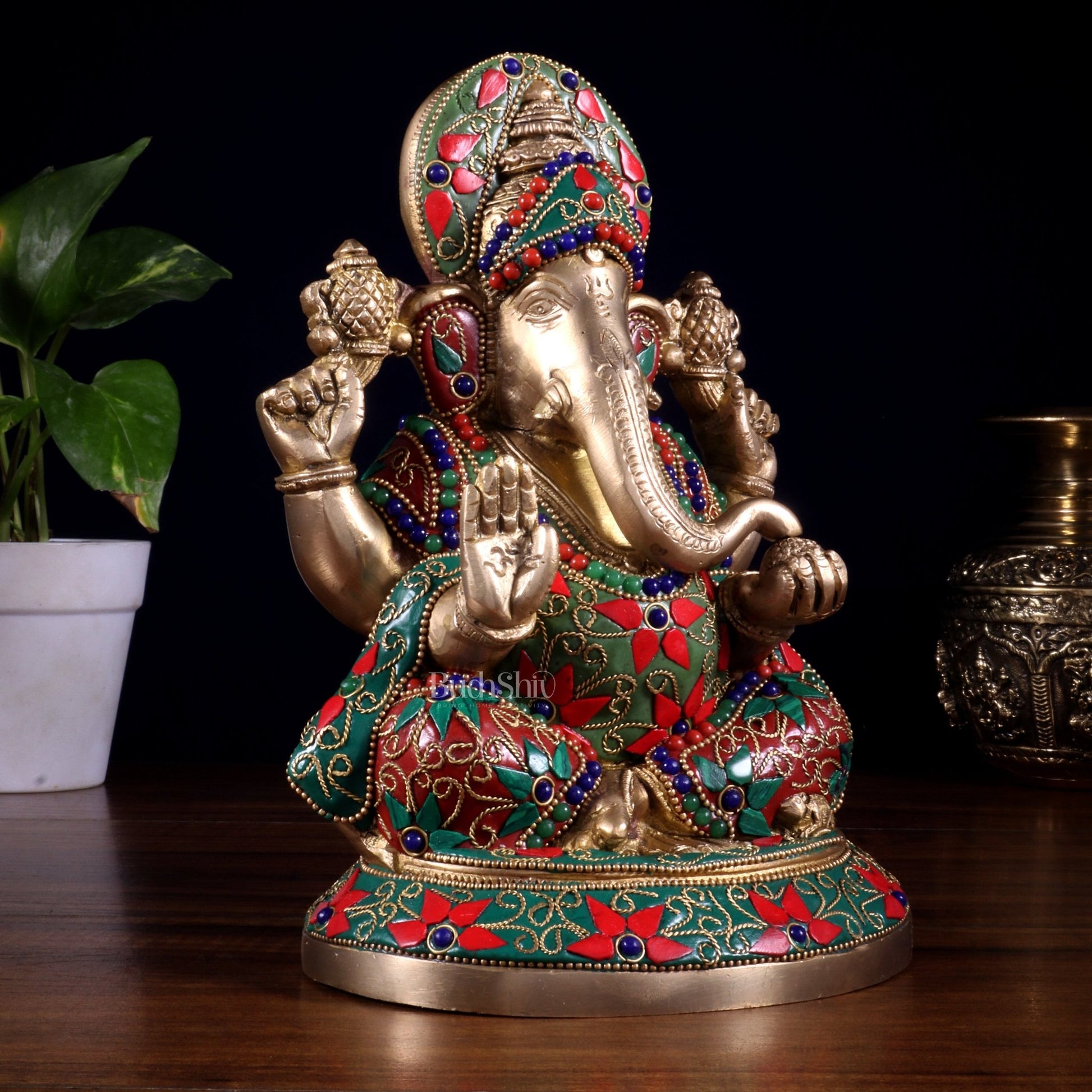 Pure Brass Lord Ganesha Statue – Unique Floral Stonework (8 Inch) - Budhshiv.com