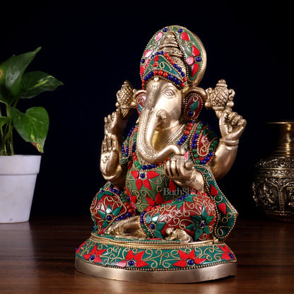 Pure Brass Lord Ganesha Statue – Unique Floral Stonework (8 Inch) - Budhshiv.com
