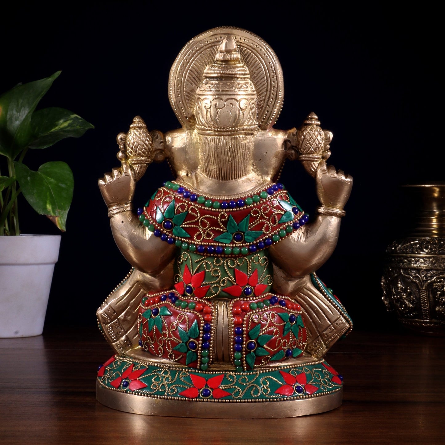 Pure Brass Lord Ganesha Statue – Unique Floral Stonework (8 Inch) - Budhshiv.com