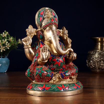 Pure Brass Lord Ganesha Statue – Unique Floral Stonework (8 Inch) - Budhshiv.com