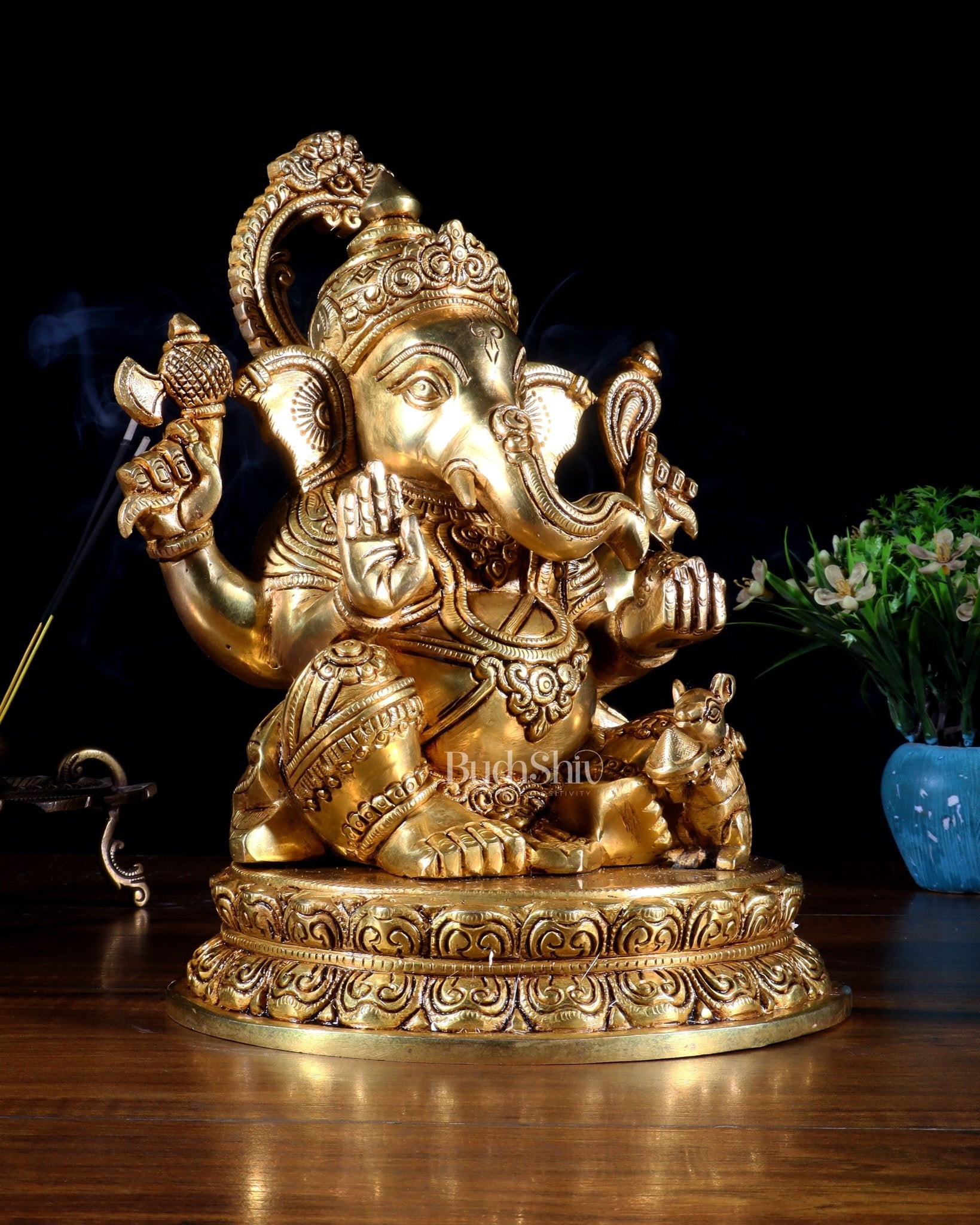 Pure Brass Lord Ganesha Statue with Enhanced Carvings – 11” - Budhshiv.com