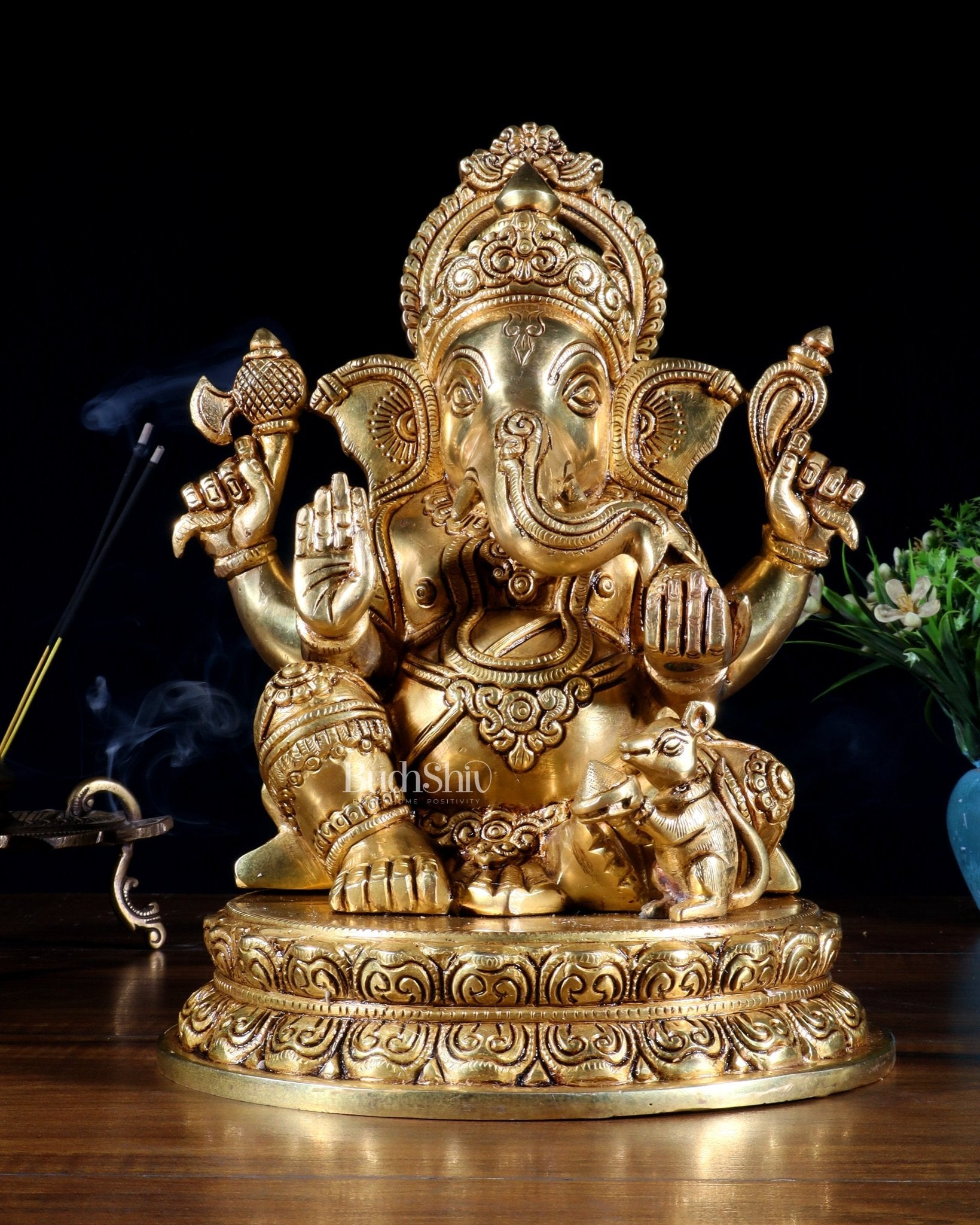 Pure Brass Lord Ganesha Statue with Enhanced Carvings – 11” - Budhshiv.com