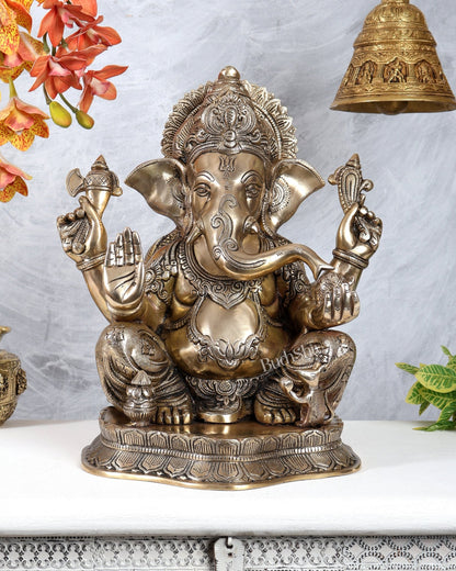 Pure Brass Lord Ganesha Statue with Enhanced Carvings 15.5 inch matte finish - Budhshiv.com
