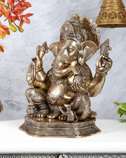 Pure Brass Lord Ganesha Statue with Enhanced Carvings 15.5 inch matte finish - Budhshiv.com