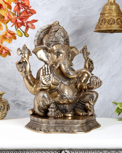 Pure Brass Lord Ganesha Statue with Enhanced Carvings 15.5 inch matte finish - Budhshiv.com