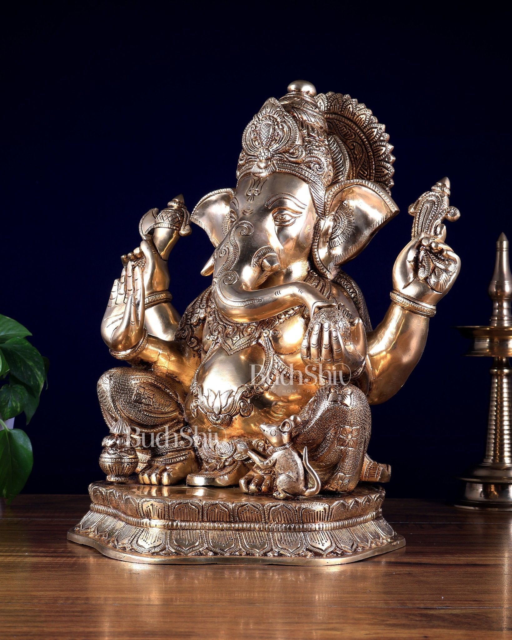 Pure Brass Lord Ganesha Statue with Enhanced Carvings 15.5 inch - Budhshiv.com
