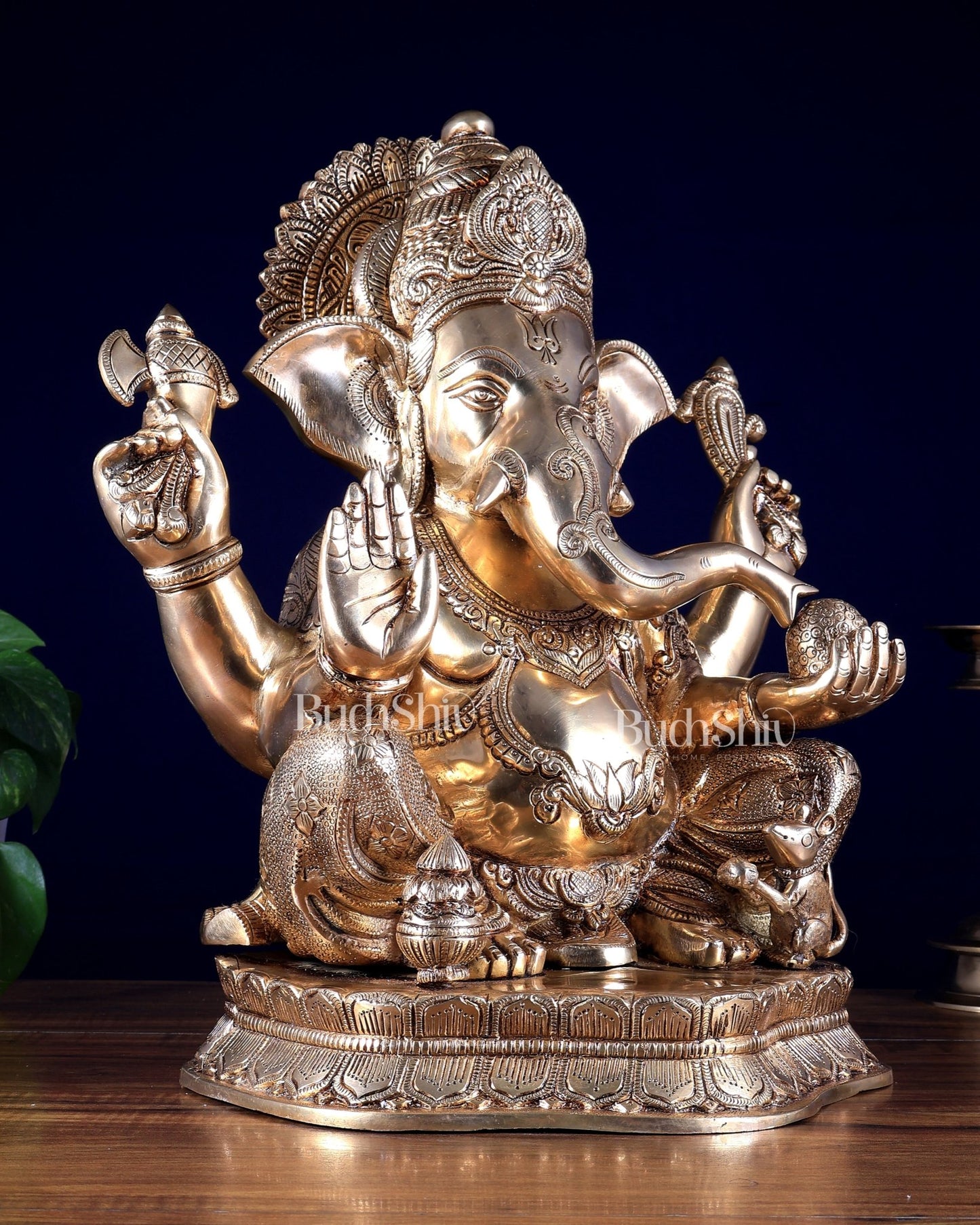 Pure Brass Lord Ganesha Statue with Enhanced Carvings 15.5 inch - Budhshiv.com