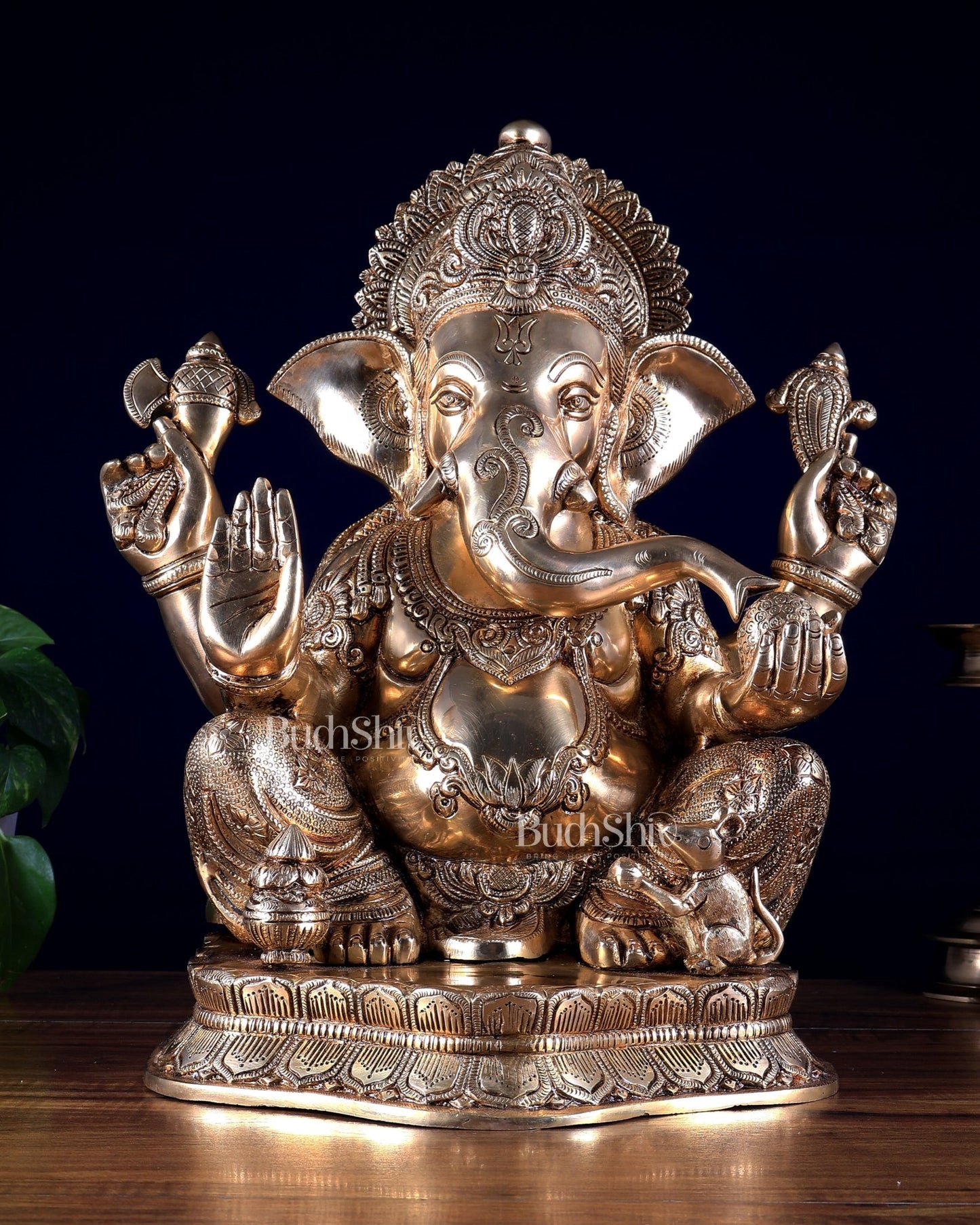 Pure Brass Lord Ganesha Statue with Enhanced Carvings 15.5 inch - Budhshiv.com
