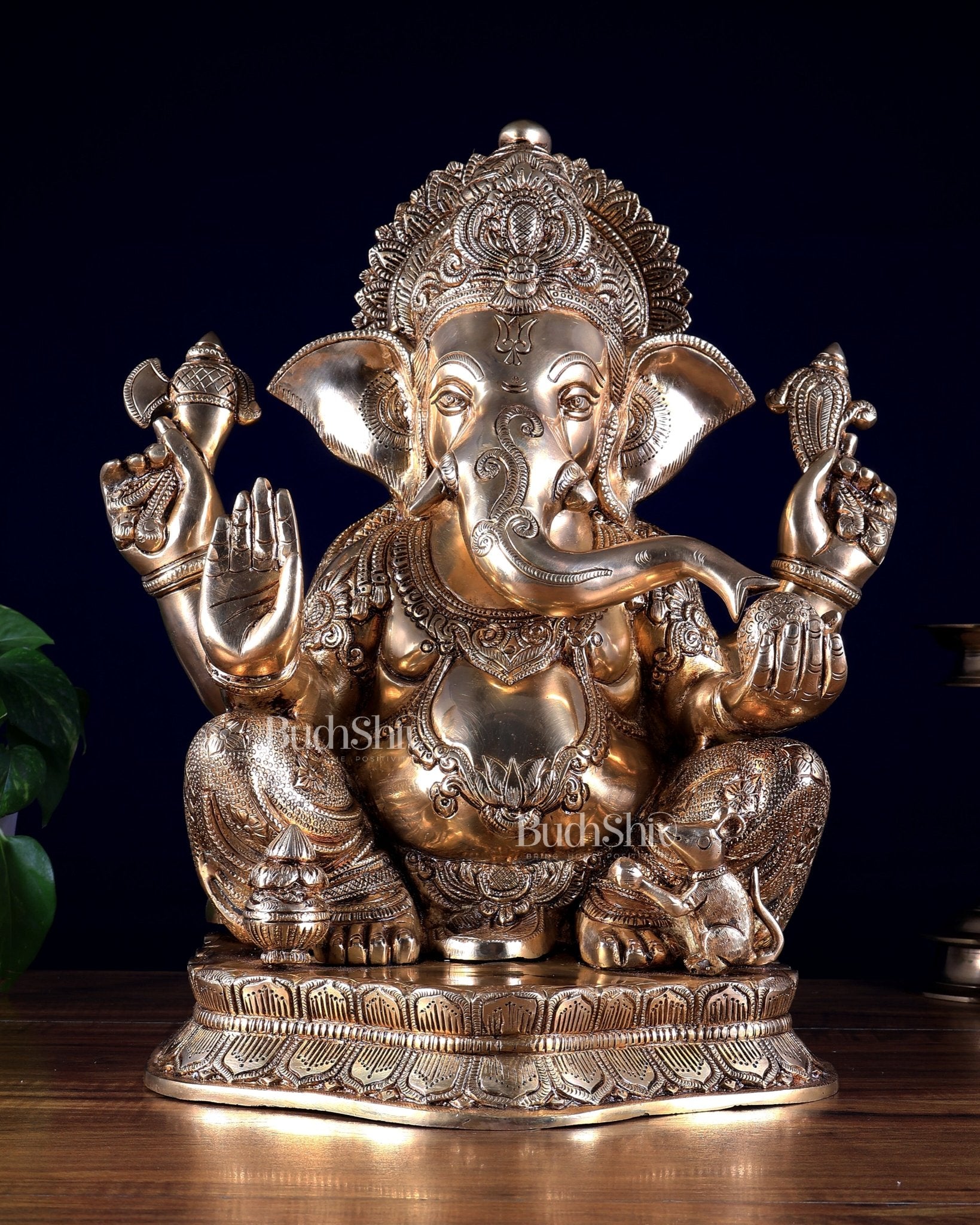 Pure Brass Lord Ganesha Statue with Enhanced Carvings 15.5 inch - Budhshiv.com