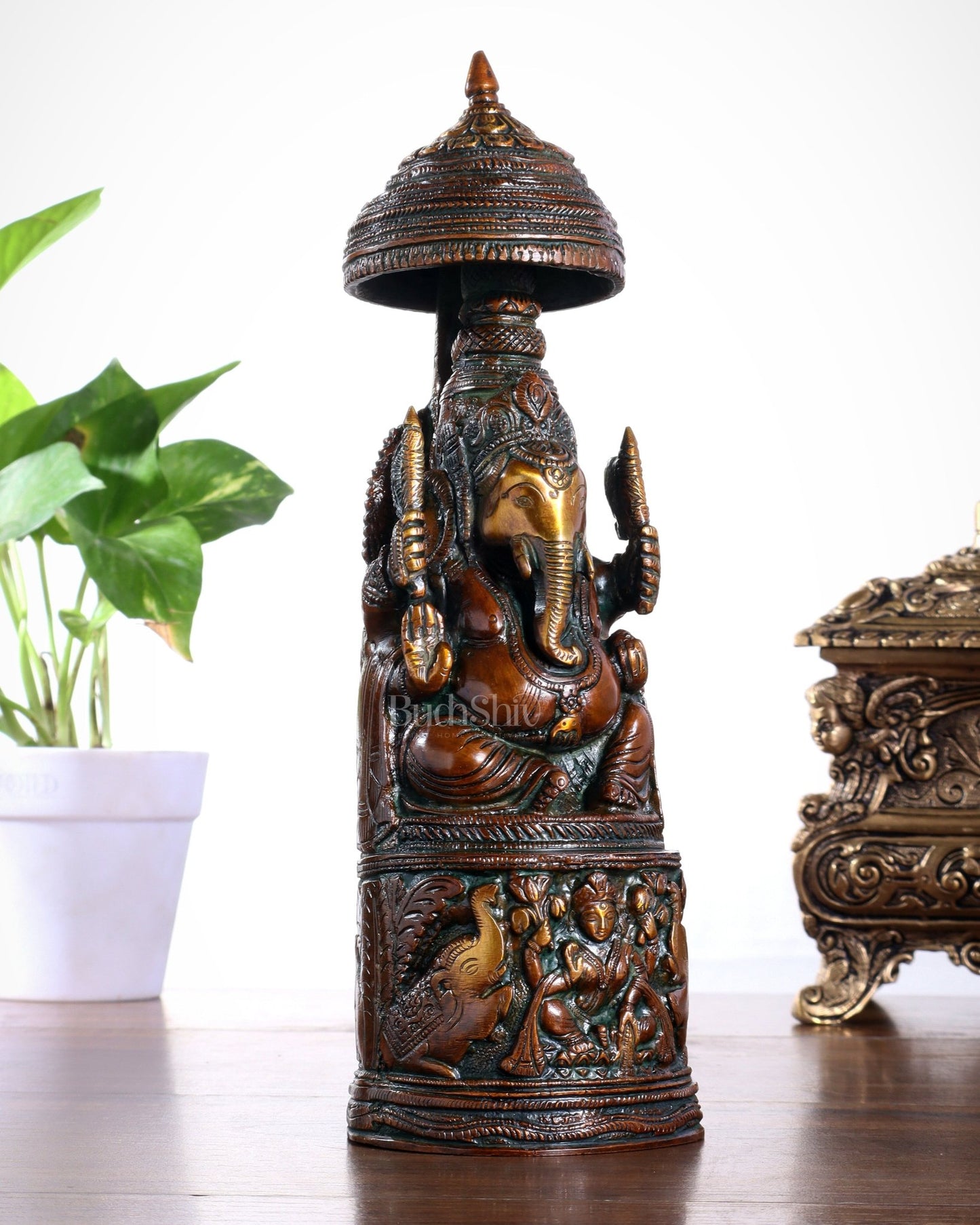 Pure Brass Lord Ganesha Statue with Gajalakshmi Carvings – Copper Tone Finish - Budhshiv.com