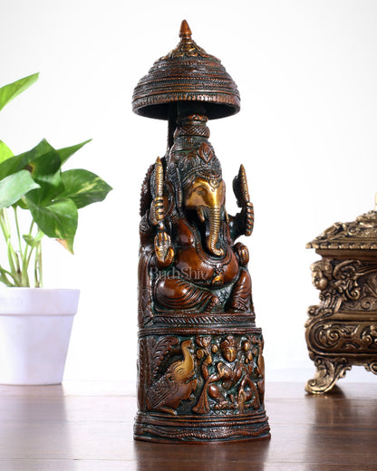 Pure Brass Lord Ganesha Statue with Gajalakshmi Carvings – Copper Tone Finish - Budhshiv.com