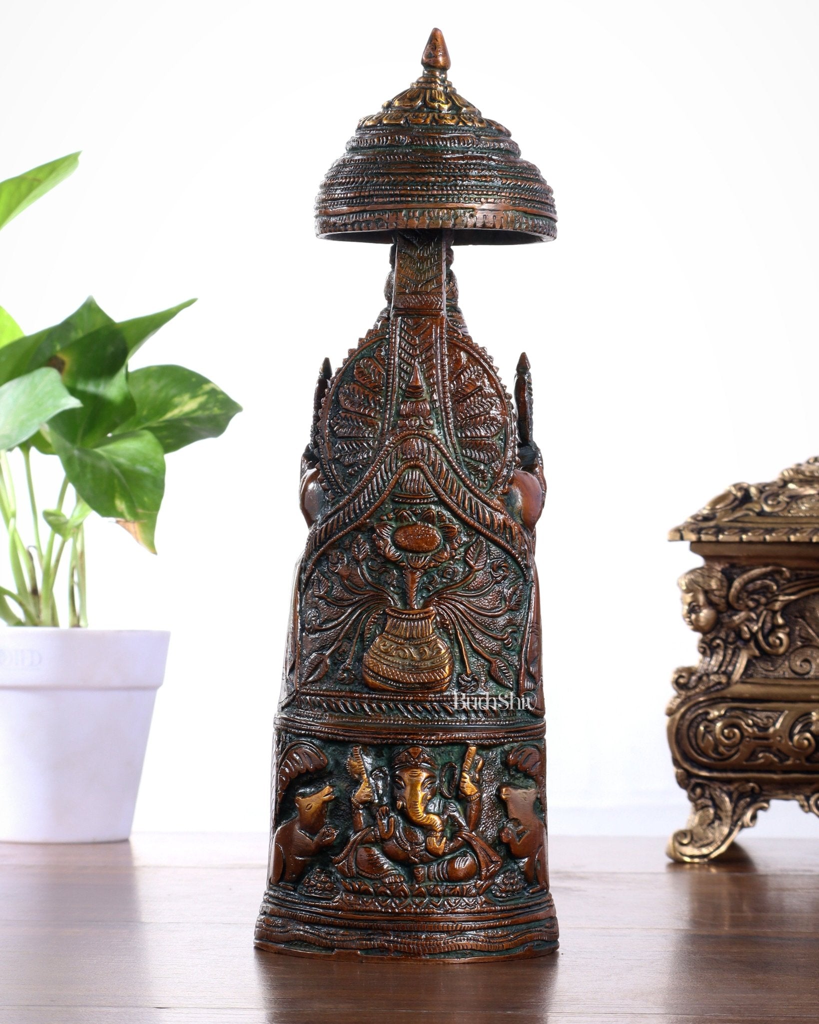 Pure Brass Lord Ganesha Statue with Gajalakshmi Carvings – Copper Tone Finish - Budhshiv.com