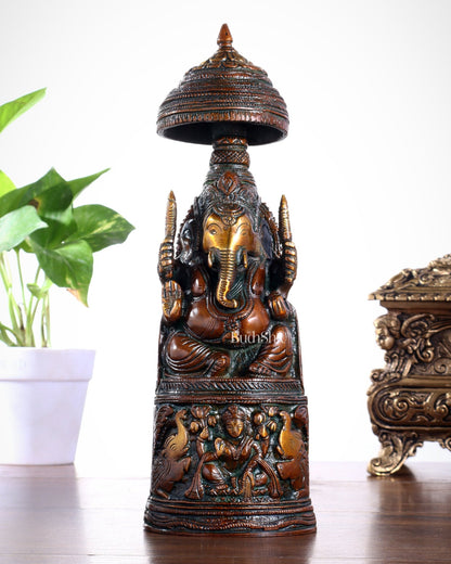 Pure Brass Lord Ganesha Statue with Gajalakshmi Carvings – Copper Tone Finish - Budhshiv.com