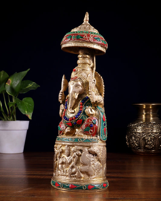 Pure Brass Lord Ganesha Statue with Gajalakshmi Carvings meenakari - Budhshiv.com