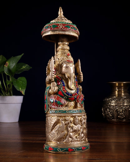 Pure Brass Lord Ganesha Statue with Gajalakshmi Carvings meenakari - Budhshiv.com