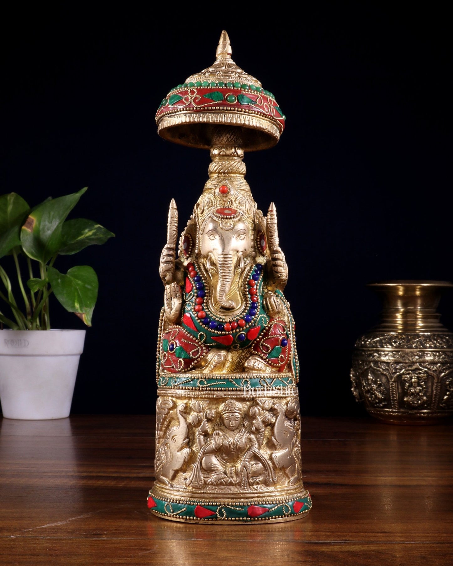 Pure Brass Lord Ganesha Statue with Gajalakshmi Carvings meenakari - Budhshiv.com