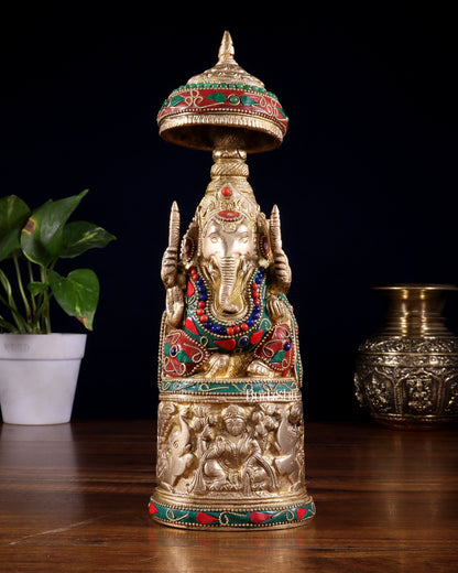 Pure Brass Lord Ganesha Statue with Gajalakshmi Carvings meenakari - Budhshiv.com