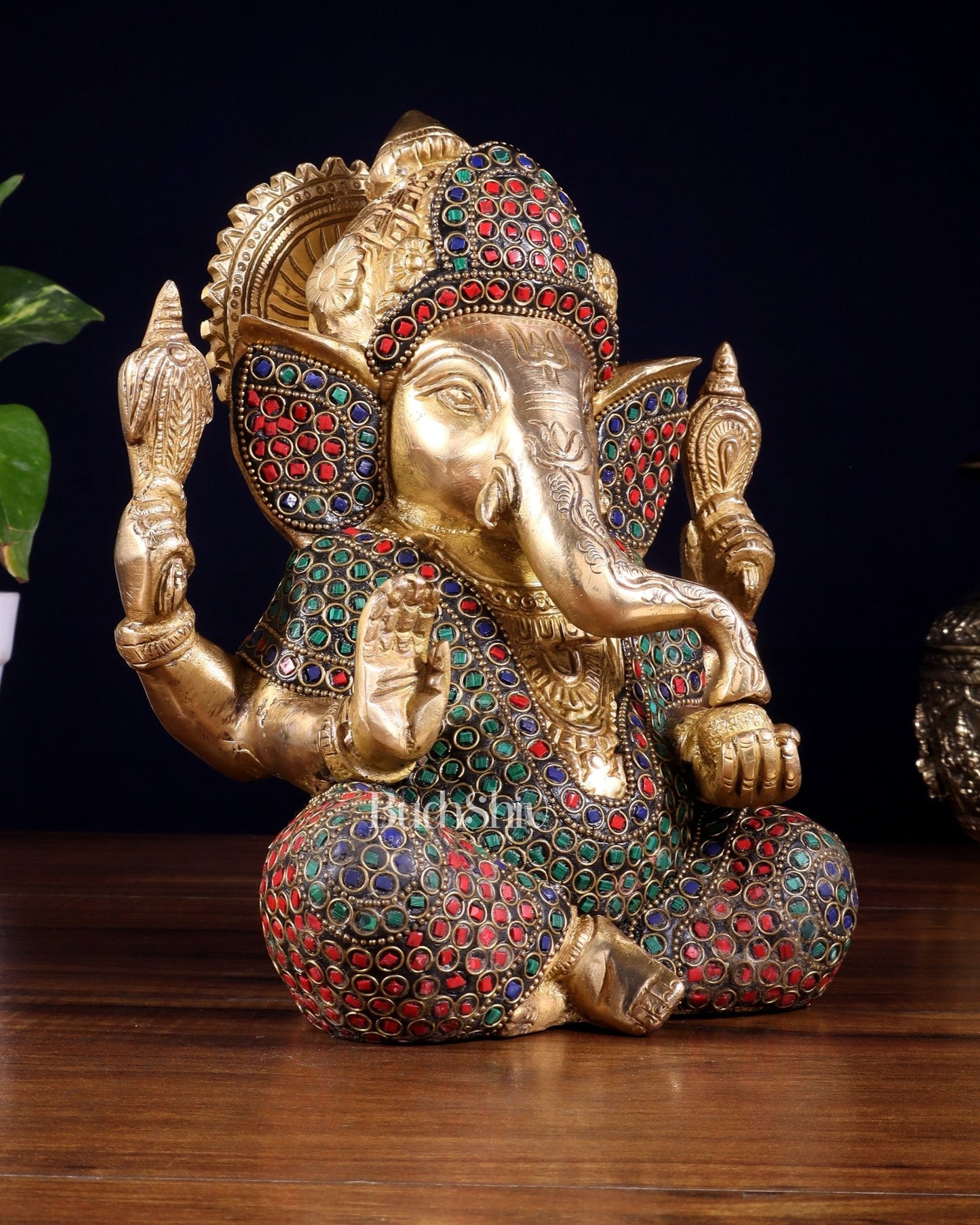 Pure Brass Lord Ganesha Statue with Rings & Stonework – 7.5 Inch - Budhshiv.com