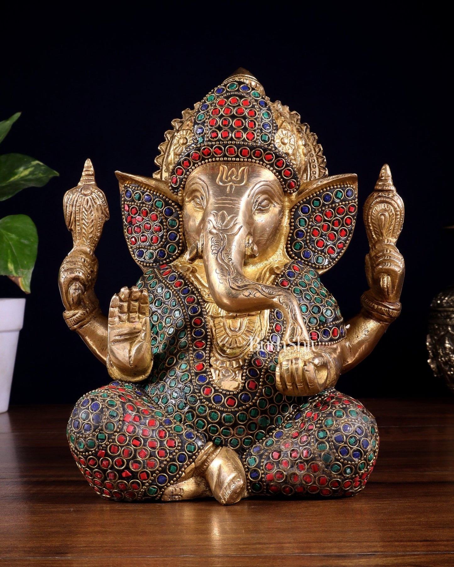 Pure Brass Lord Ganesha Statue with Rings & Stonework – 7.5 Inch - Budhshiv.com