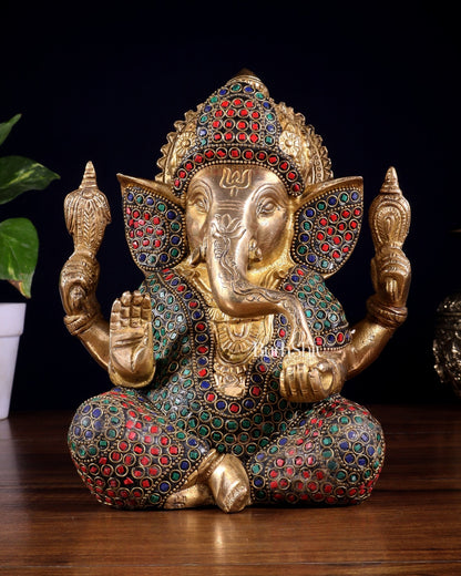 Pure Brass Lord Ganesha Statue with Rings & Stonework – 7.5 Inch - Budhshiv.com