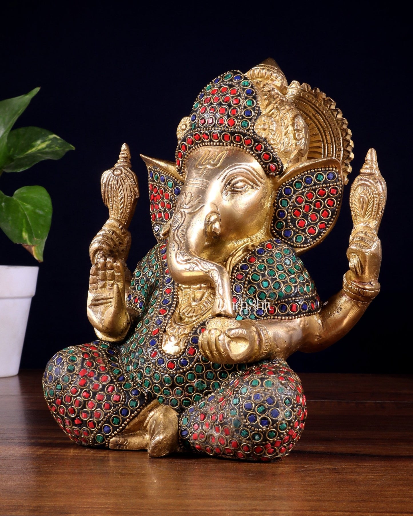 Pure Brass Lord Ganesha Statue with Rings & Stonework – 7.5 Inch - Budhshiv.com