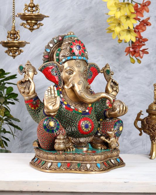 Pure Brass Lord Ganesha Statue with Stonework 15.5 inch - Budhshiv.com
