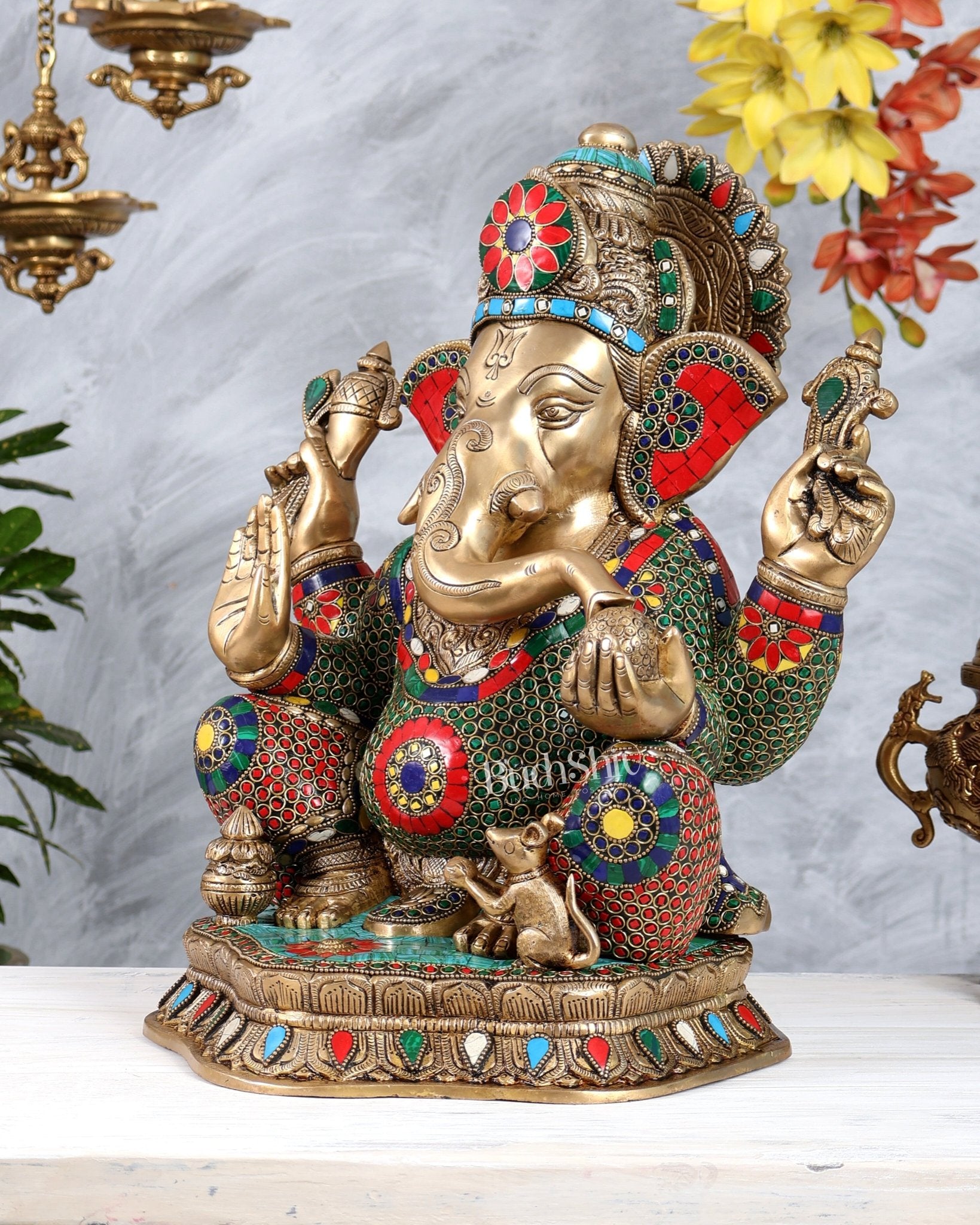 Pure Brass Lord Ganesha Statue with Stonework 15.5 inch - Budhshiv.com